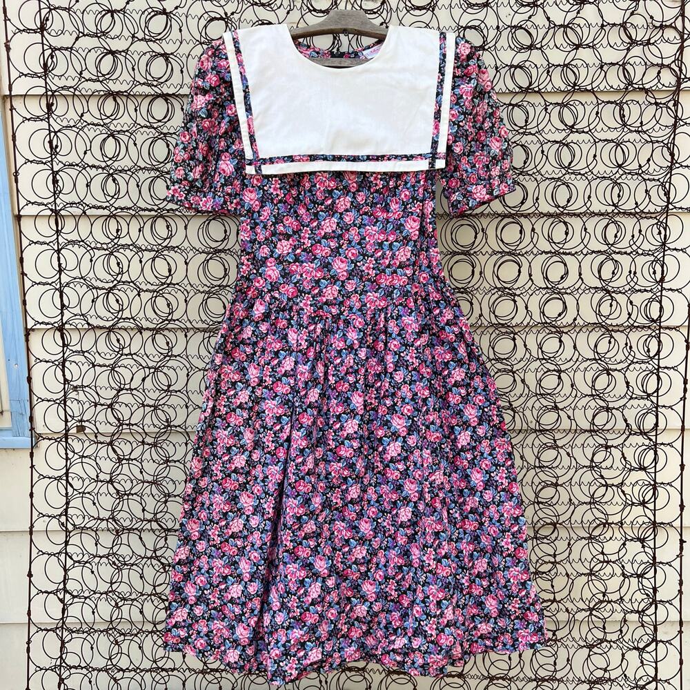 VTG 90s Eber San Francisco pink blue navy calico floral teacher bib dress Sz 11